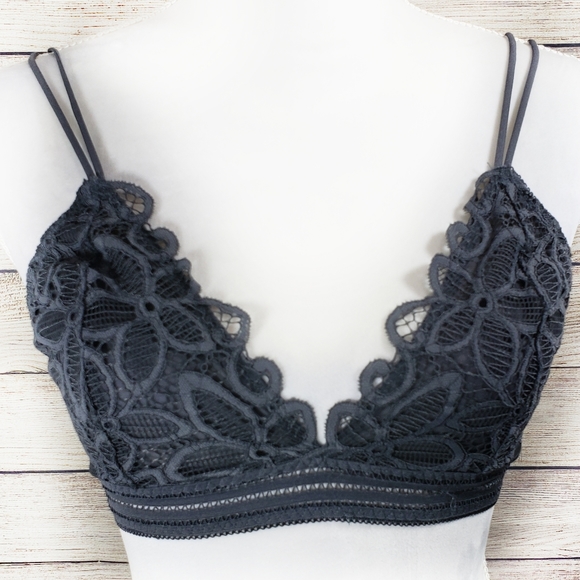 Other - Sheer Crocheted Lace Charcoal Grey Strappy Bra